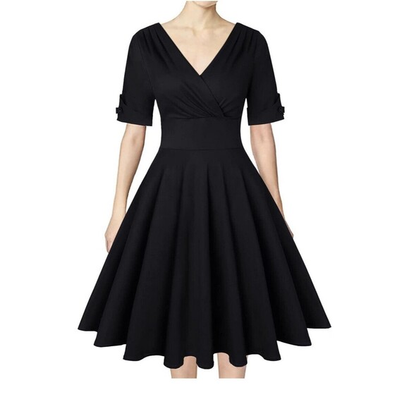Mint Limit Women's Black Short Sleeve Wrap Dress V-Neck Zipper Cotton Retro 50’s - Picture 1 of 14